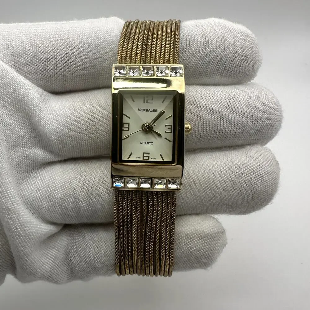 Versales Gold Tone Rectangular Quartz Watch with Crystal Accents, Japan Movt